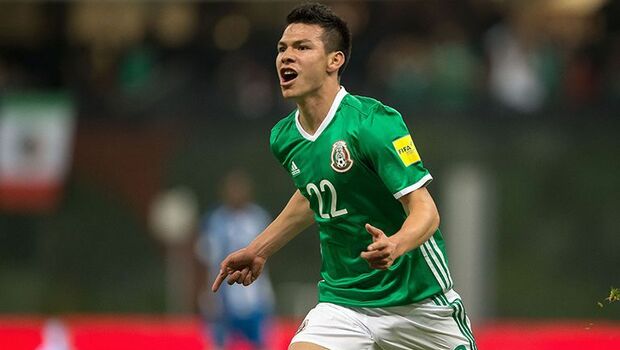 Selebrasi pemain Meksiko, Hirving Lozano seusai mencetak gol ke gawang Jerman.