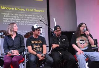 American cultural anthropologist and ethnomusicologist Jeremy Wallach, right, talks about his book 'Modern Noise, Fluid Genres: Popular Music in Indonesia 1997-2001' in @America in South Jakarta on Thursday (06/07). (Photo courtesy of @America)