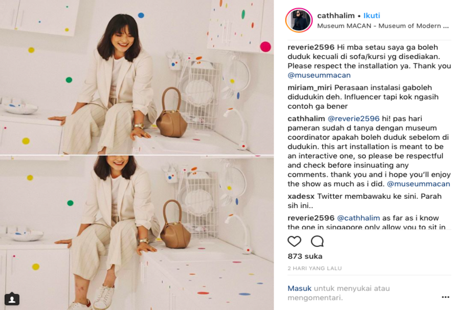 Instagram celeb Cath Halim posted a photo of herself sitting on the kitchen counter in Yayoi Kusama's 'Obliteration Room.' (JG Screenshot)