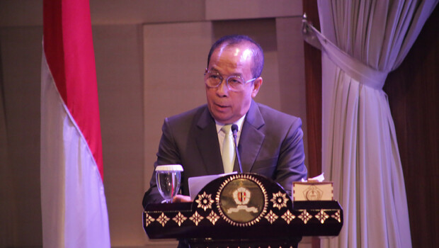 2019 - Gubernur Lemhannas RI Jenderal (Purn.) Agus Widjojo saat memberikan sambutan pada acara Seminar Nasional di Jakarta, Jumat  (20/9/2019). 