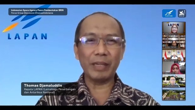 Kepala Lembaga Penerbangan dan Antariksa Nasional (Lapan) Thomas Djamaluddin dalam diskusi bertema “Indonesian Space Agency Pasca Pembentukan BRIN”, Senin (17/5/2021).