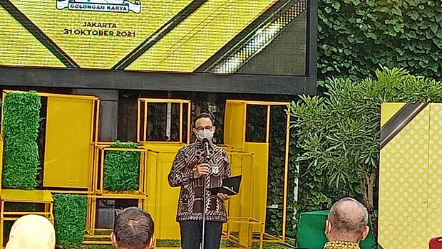 Gubernur DKI Jakarta Anies Baswedan di acara puncak HUT ke-57 Partai Golkar di kantor DPD Partai Golkar DKI Jakarta, Jalan Pegangsaan, Menteng, Jakarta, Minggu, 31 Oktober 2021.