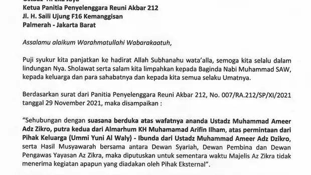 Surat penolakan dari Az Zikra terkait penyelenggaraan reuni 212 di Sentul.