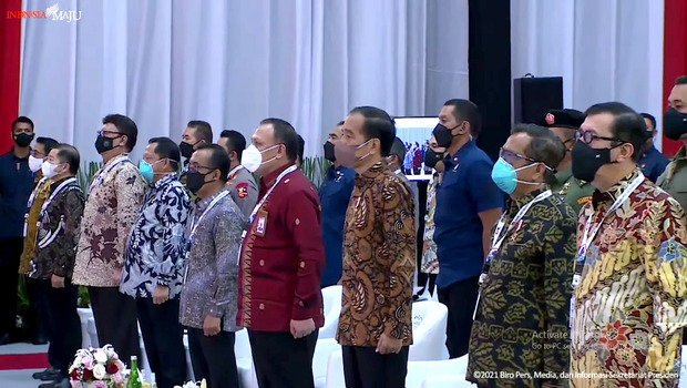 Presiden Jokowi hadir pada peringatan Hari Antikorupsi Sedunia 2021 di Gedung KPK, Kamis, 9 Desember 2021.