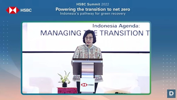 Menteri Keuangan Sri Mulyani dalam sambutannya di acara HSBC Summit 2022: Powering the transition to net zero, Indonesia’s pathway for green recovery di Jakarta, Rabu, 14 September 2022.
