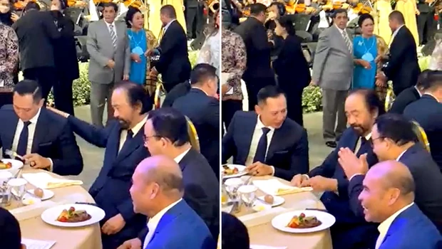 Dari kiri: Ketua Umum Partai Demokrat Agus Harimurti Yudhoyono (AHY), Ketua Umum Partai Nasdem, Surya Paloh; dan Gubernur DKI Jakarta Anies Baswedan serta Gubernur NTT Viktor Bungtilu Laiskodat dalam satu meja.