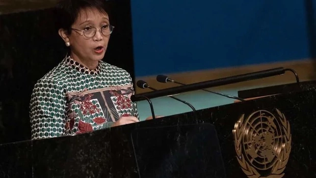 Menteri Luar Negeri Indonesia Retno Marsudi berpidato di sidang Majelis Umum PBB ke-77 di markas besar PBB di New York, AS, 