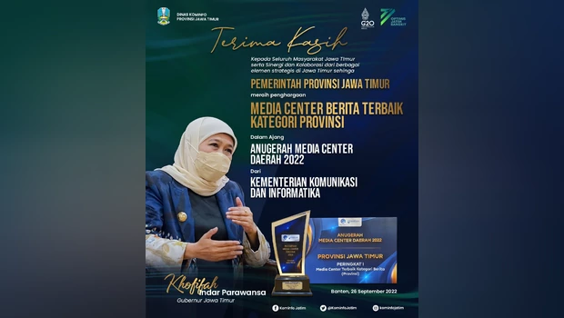 Pemerintah Provinsi Jawa Timur (Pemprov Jatim) berhasil meraih penghargaan terbaik pertama sebagai Media Center Provinsi Kategori Berita Tahun 2022.