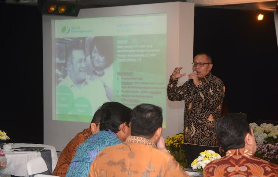 Dirut BPJS Ketenagakerjaan, Agus Susanto saat menjadi pembicara pada acara BUMN Marketeers Club ke 44 di Jakarta, Jum'at (29/4).