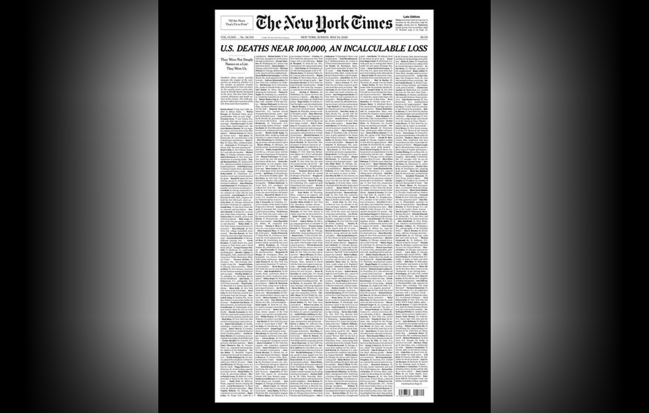 Foto halaman depan edisi cetak New York Times pada Minggu (25/5/2020), yang menampilkan nama para korban meninggal akibat wabah Covid-19 di Amerika Serikat.