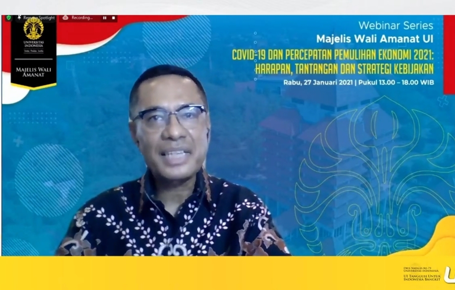 Ketua Majelis Wali Amanat Universitas Indonesia (MWA UI), Saleh Husin membuka  webinar series  MWA UI bertema “Covid-19 dan Percepatan Pemulihan Ekonomi 2021: Harapan, Tantangan, dan Strategi Kebijakan”, Rabu 27 Januari 2021.