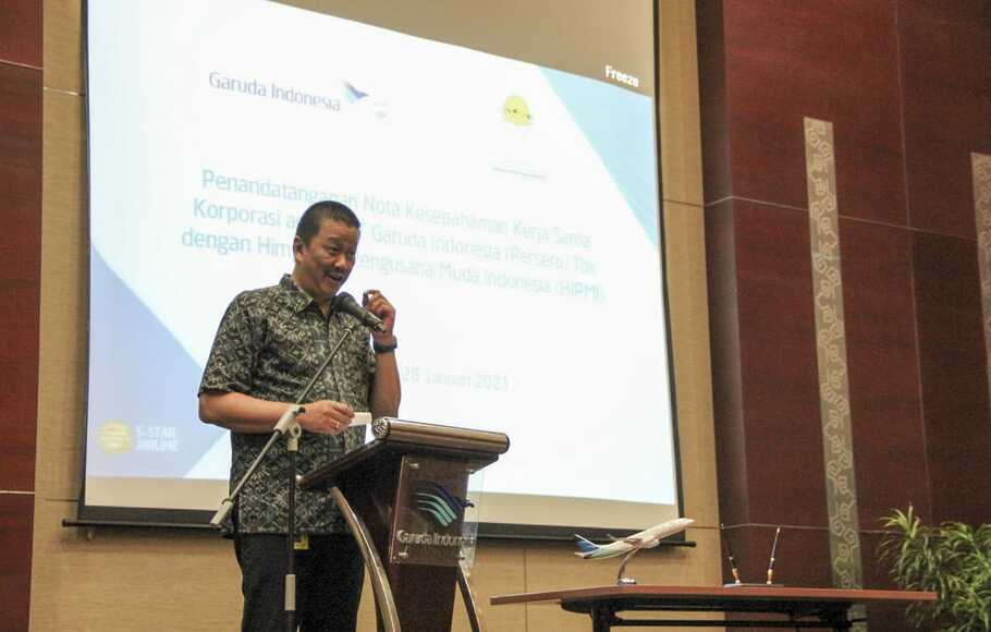 Direktur Utama Garuda Indonesia, Irfan Setiaputra saat acara penadatangan nota kesepahaman “Corporate Sales”, di Auditorium Garuda City Center, Tangerang, Banten, Kamis (28/1/2021). 