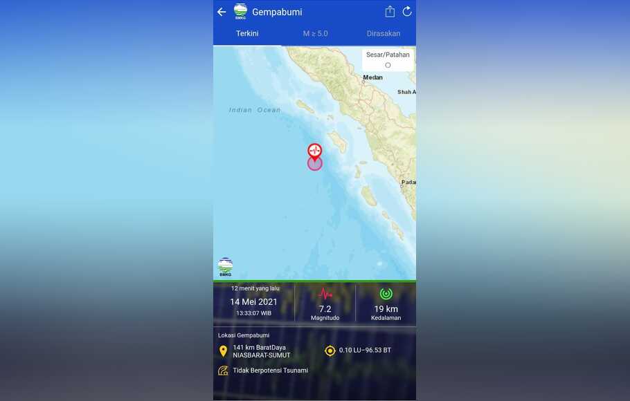 Gempa bumi dengan parameter magnitudo 7,2 dirasakan kuat oleh masyarakat di Kabupaten Nias Barat, Sumatera Utara, Jumat (14/5/2021) pukul 13.33 WIB.