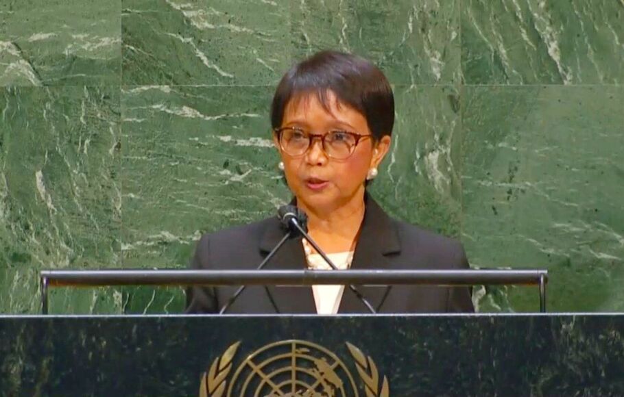 Menteri Luar Negeri Retno Marsudi saat menyampaikan pernyataannya dalam Debat Majelis Umum PBB, Kamis, 21 Mei 2021 malam waktu Jakarta.
