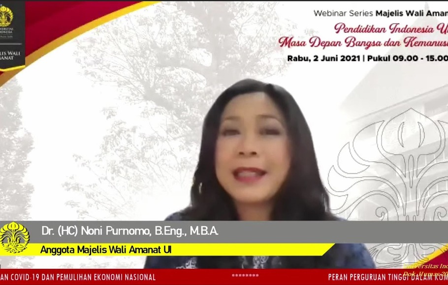 Aanggota Majelis Wali Amanat Universitas Indonesia (MWA UI) Noni Purnomo, pada webinar MWA UI Seri 3 bertema 