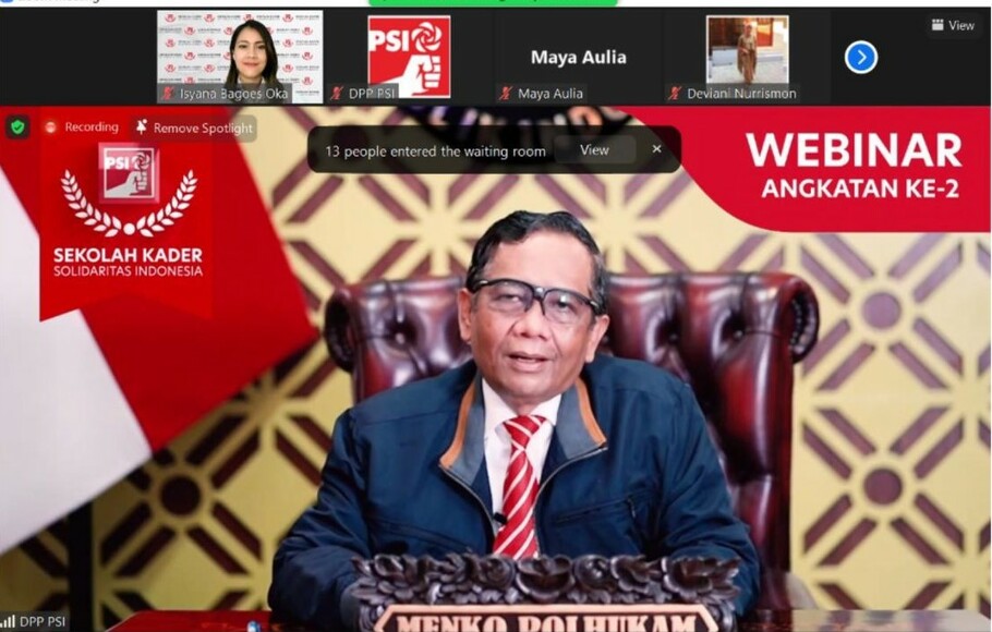 Menko Polhukam Mahfud MD saat memberikan sambutan secara virtual di acara Sekolah Kader Solidaritas Indonesia PSI, Sabtu, 7 Agustus 2021.
