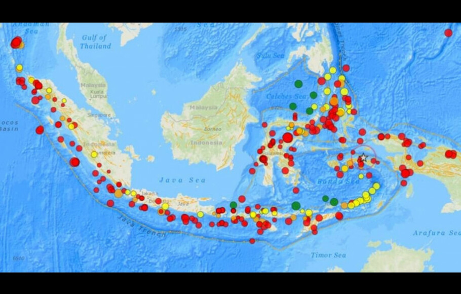 Peta kejadian gempa bumi yang dipantau Warning Receiver System BMKG di wilayah Indonesia. 