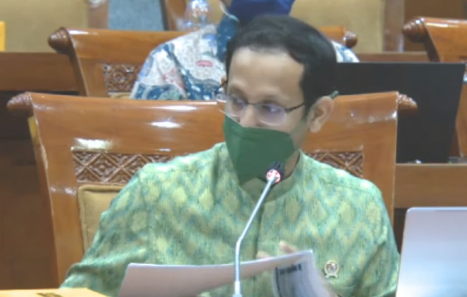Tangkapan layar Menteri Pendidikan, Kebudayaan, Riset, dan Teknologi (Mendikbudristek) Nadiem Anwar Makarim dalam rapat kerja dengan Komisi X DPR yang dipantau di Jakarta, Rabu, 8 September 2021.