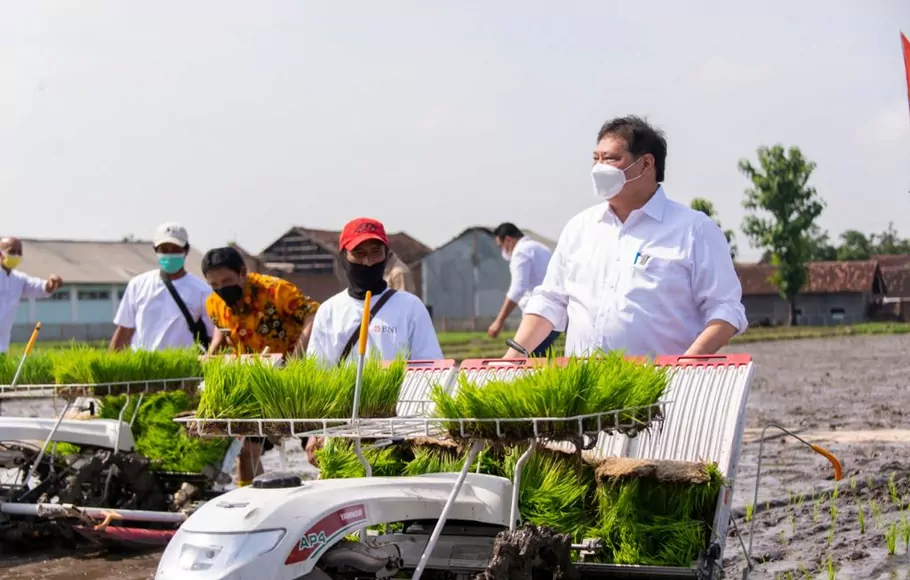 Menko Perekonomian Airlangga Hartarto meninjau lokasi pertanian yang dikembangkan dengan konsep millennial smart farming, di Klaten, Jawa Tengah, Jumat, 24 September 2021. 