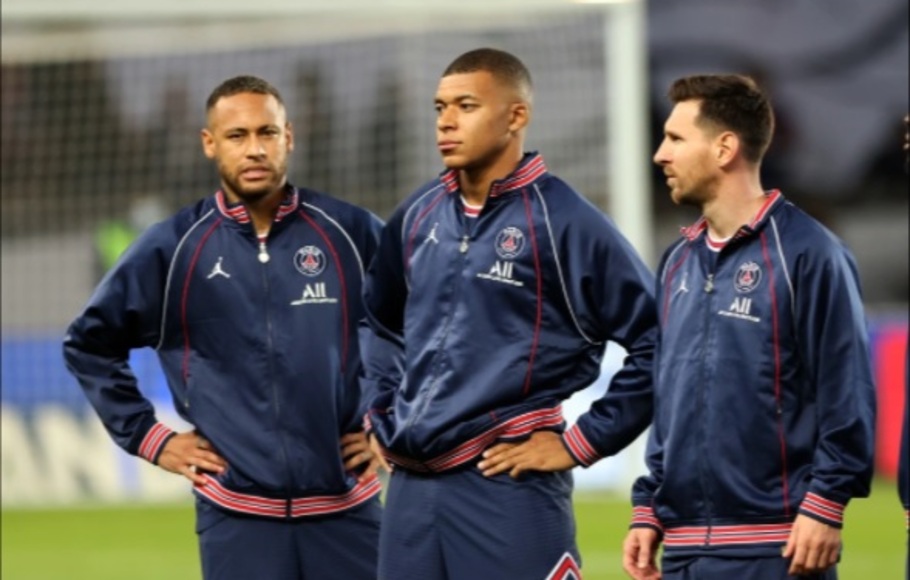 Trio penyerang Paris Saint-Germain, Neymar (kiri), Kylian Mbappe (tengah), dan Lionel Messi. 