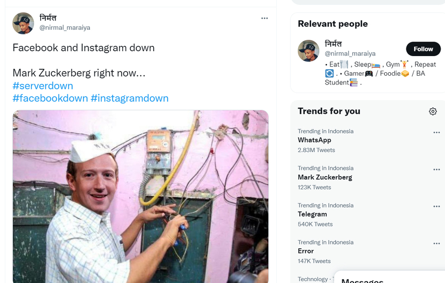 Meme tentang pendiri Facebook, Mark Zuckenberg yang diunggah salah satu warganet di Twitter terkati Facebook down bersama Instagram dan WhatsApp, Senin, 4 Oktober 2021.
