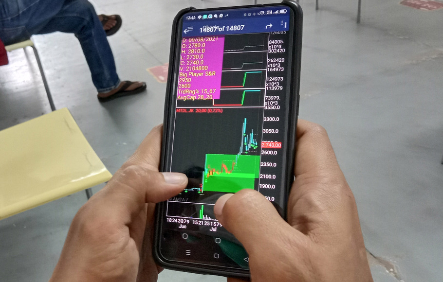 Investor memantau pergerakan harga saham melalui ponsel di Jakarta.