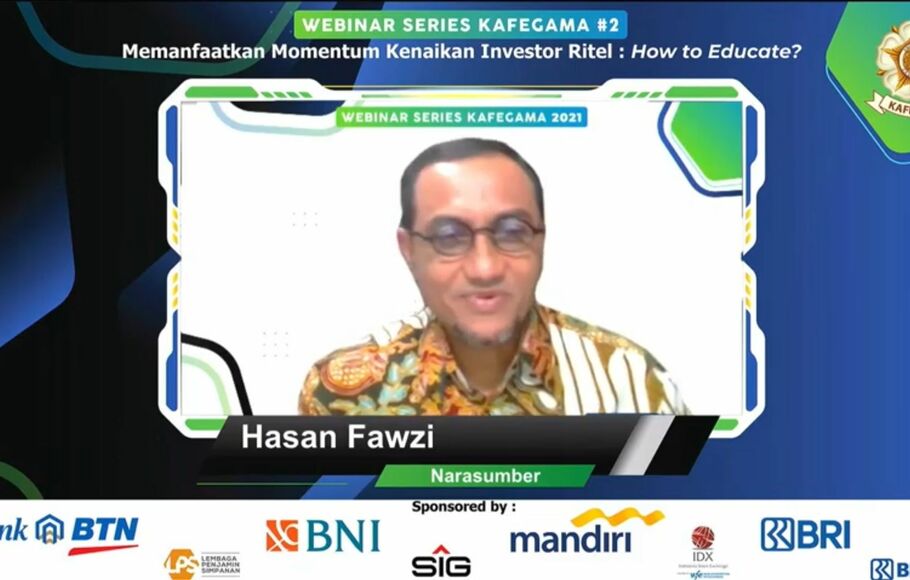 Direktur Pengembangan BEI Hasan Fawzi dalam webinar yang digelar Keluarga Alumni Fakultas Ekonomika dan Bisnis Universitas Gadjah Mada (Kafegama), Senin, 25 Oktober 2021.

 
