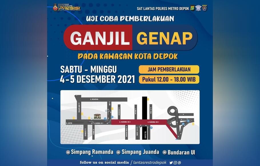 Uji coba penerapan ganjil genap di kawasan Jalan Margonda, Depok, Sabtu, 4 Desember 2021, dan Minggu, 5 Desember 2021