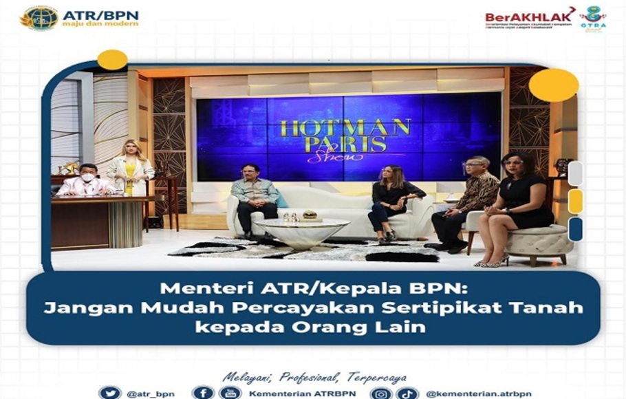 Menteri ATR/Kepala BPN Sofyan A. Djalil dalam talkshow Hotman Paris Show di iNewsTV, Kamis 25 November 2021.