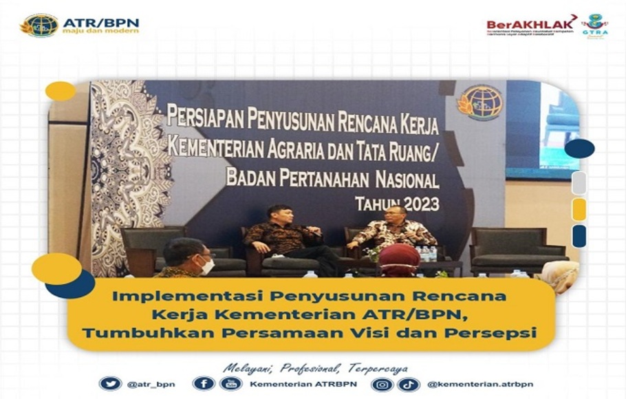 Kementerian Agraria dan Tata Ruang/Badan Pertanahan Nasional (ATR/BPN) tengah melakukan Penyiapan Penyusunan Rencana Kerja Kementerian ATR/BPN Tahun 2023 di Hotel Aryaduta, Denpasar, Bali, mulai dari tanggal 23 - 27 November 2021.