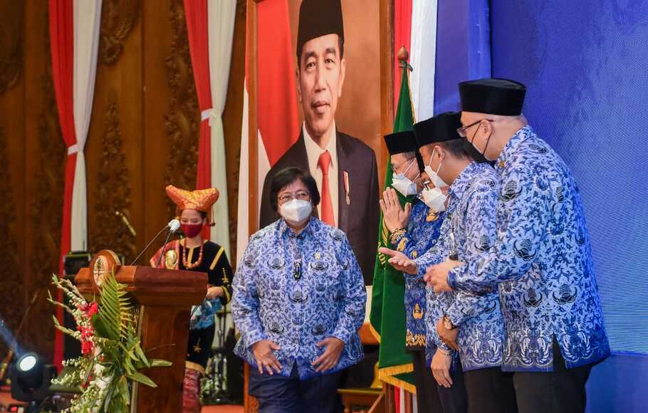 Peringatan Puncak Hari Ulang Tahun (HUT) ke-50 Korps Pegawai Republik Indonesia (Korpri) diselenggarakan secara daring dan luring dari Auditorium Gedung Manggala Wanabakti, Jakarta, Senin, 29 November 2021.