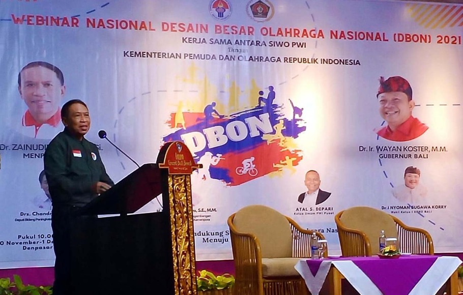 Menpora Zainudin Amali saat hadir di acara Webinar Nasional Hybrid DBON 2021, Rabu, 1 Desember 2021 di Grand Inna Sanur, Bali.