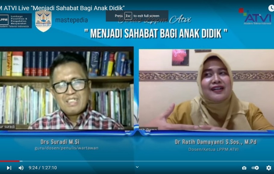 Dosen Akademi Televisi Indonesia (ATVI) Suradi bersama  Ketua LPPM ATVI Ratih Damayanti, dalam acara bincang santai di channel Youtube, Teras Lembaga Penelitian dan Pengabdian Masyarakat (LPPM) ATVI.