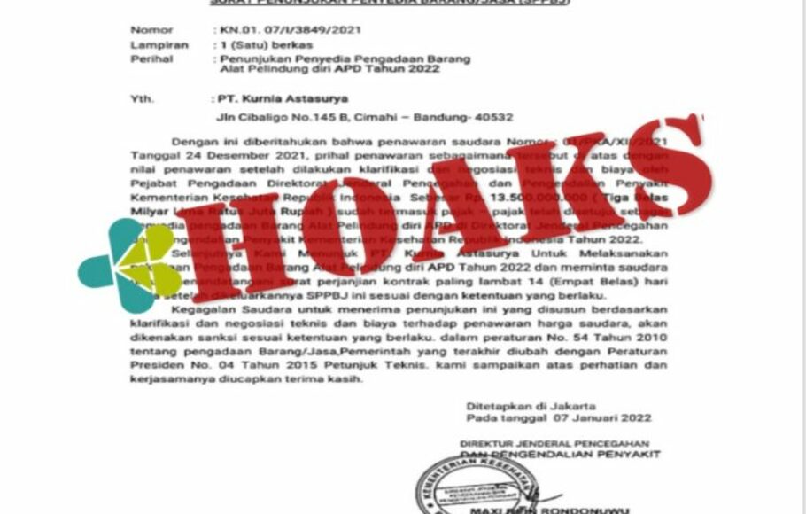 Surat hoax yang berisi penunjukkan penyedia barang/jasa dari Kementerian Kesehatan.