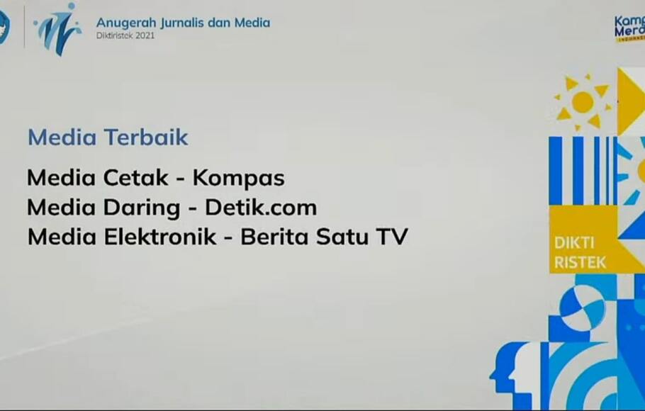 Berita Satu TV meraih penghargaan sebagai Media Elektronik Terbaik di Anugerah Diktiristek 2021, dalam Anugerah Jurnalis dan Media Kategori Media Terbaik, Kamis, 13 Januari 2022.