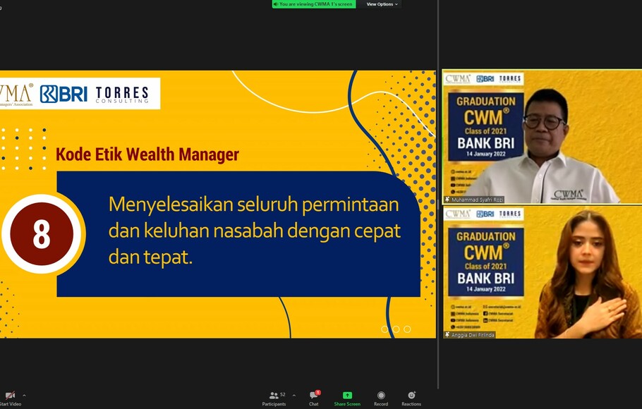 Declaration Code of Ethic Wealth Manager CWMA by M. Syafri Rozi, CWM®  Chairperson, Standard Profession & Ethic Code Department CWMA 