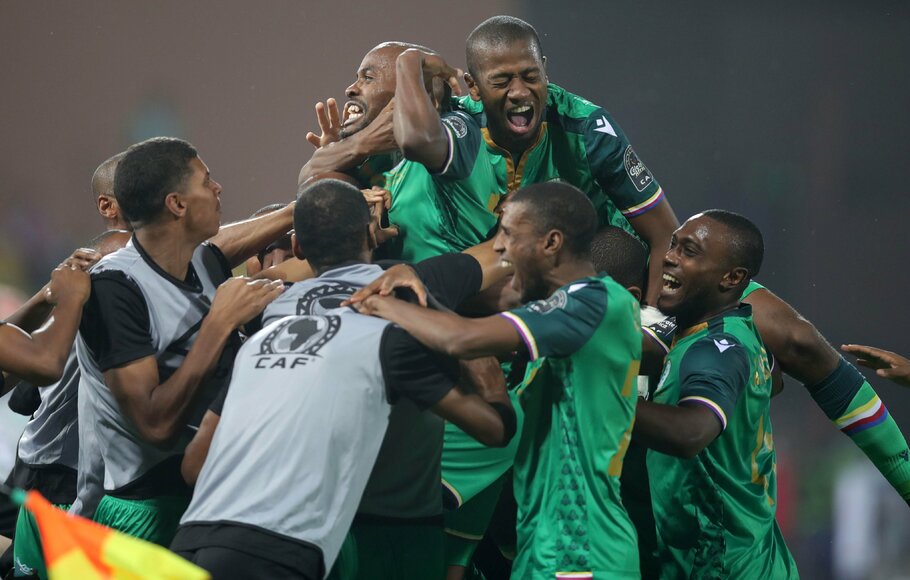 Selebrasi pemain Komoro usai mengalahkan Ghana di Piala Afrika 2022.