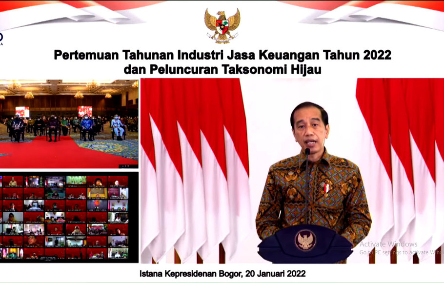 Presiden Jokowi pada Pertemuan Tahunan Industri Jasa Keuangan 2022 dan Peluncuran Taksonomi Hijau Indonesia, Kamis, 20 Januari 2022.