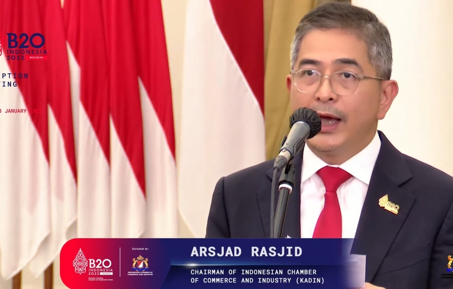 Ketua Kadin Indonesia Arsjad Rasjid memberi sambutan di acara opening ceremony Inception Meeting B20 Indonesia Summit 2022 yang disampaikan dari Istana Bogor, 27 Januari 2022.