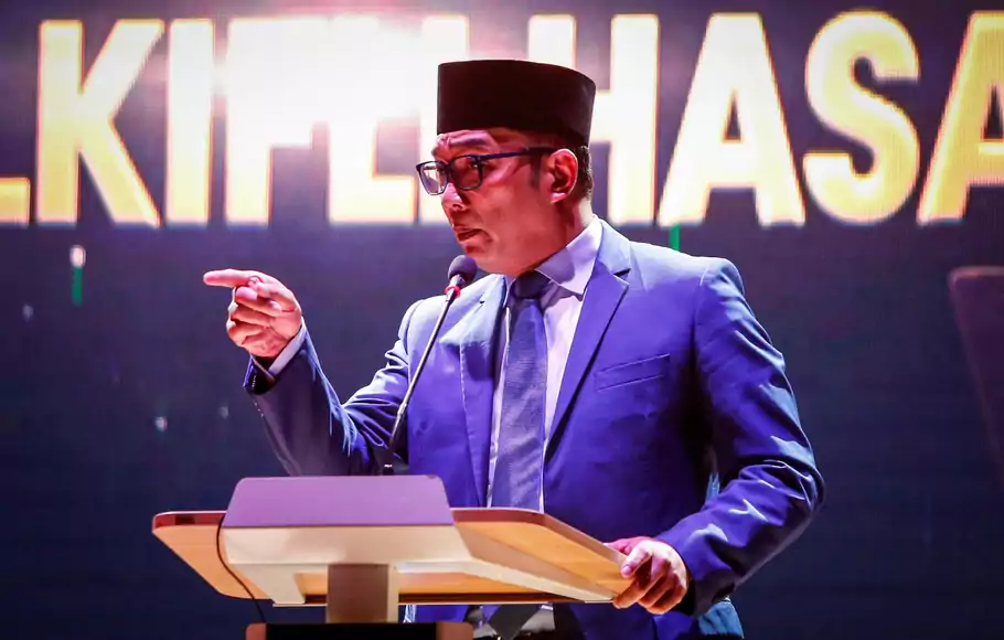 Gubernur Jawa Barat Ridwan Kamil saat menyampaikan sambutan pada acara Pidato Kebudayaan di Auditorium Utama Perpustakaan Nasional RI, Jakarta Pusat, Sabtu, 29 Januari 2022.
