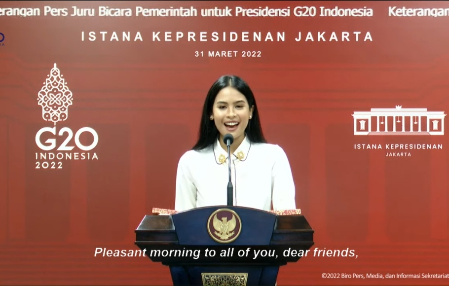 Menkominfo Johnny G Plate mengumumkan penyanyi sekaligus aktris Maudy Ayunda sebagai juru bicara pemerintah untuk Presidensi G-20 Indonesia, Kamis, 31 Maret 2022