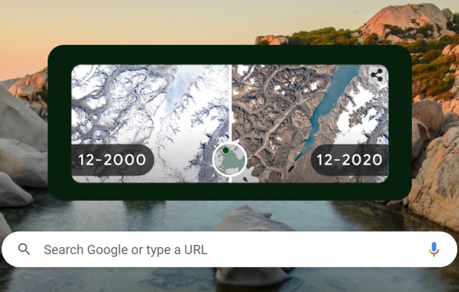 Google Doodle merayakan Hari Bumi 2022, Jumat, 22 April 2022, dengan mengangkat tema perubahan iklim dan salah satunya menampilkan gletser (bongkahan es) yang mencair di Sermersooq, Greenland.