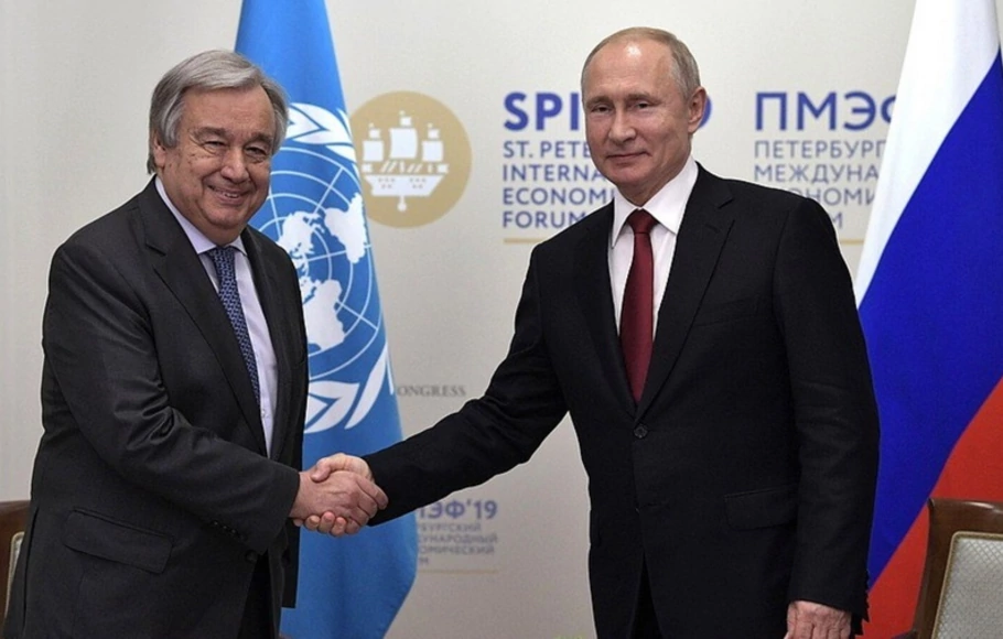 Sekjen PBB Antonio Guterres pernah bertemu langsung dengan Presiden Rusia Vladimir Putin pada tahun 2019. 