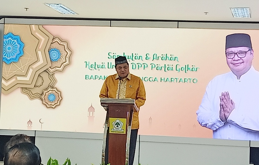 Ketua Umum Partai Golkar Airlangga Hartarto saat memberikan sambutannya di acara silaturahmi akbar di Kantor DPP Partai Golkar, Jalan Anggrek Nelly Murni, Slipi, Jakarta Barat, Rabu, 18 Mei 2022.