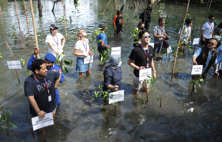Para delegasi pra-KTT Y-20 melakukan penanaman bibit mangrove di Taman Mangrove Margomulyo Balikpapan, Kalimantan Timur, Minggu, 22 Mei 2022.