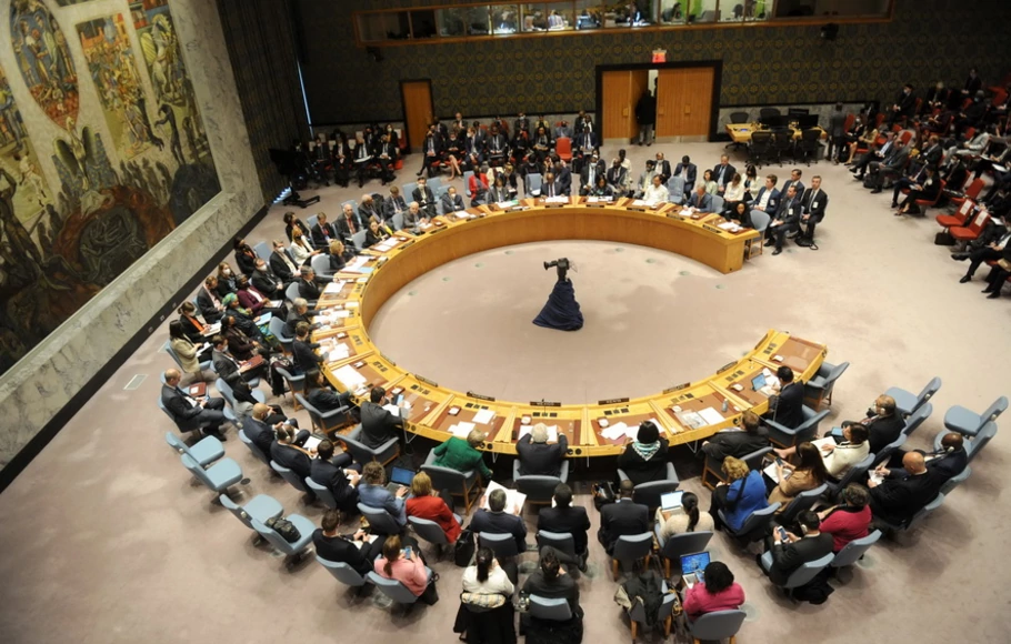 Foto dokumentasi pada 19 Mei 2022 ini mengabadikan debat tingkat menteri Dewan Keamanan PBB tentang perdamaian dan keamanan internasional, konflik dan ketahanan pangan di markas besar PBB di New York, AS.