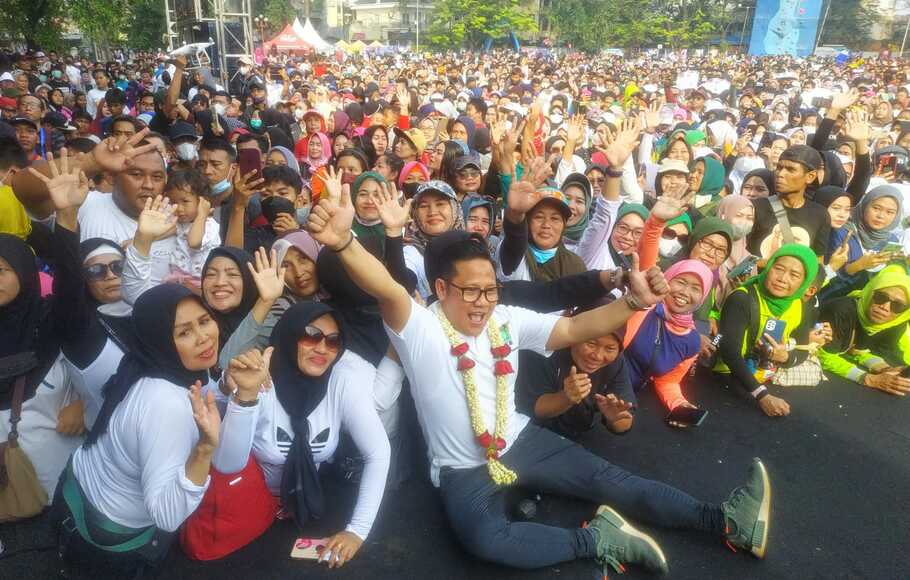 Ketua Umum PKB Abdul Muhaimin Iskandar dalam Konser Kebangsaan yang diselenggarakan di alun-alun Ahmad Yani, Kota Tangerang, Minggu, 12 Juni 2022.