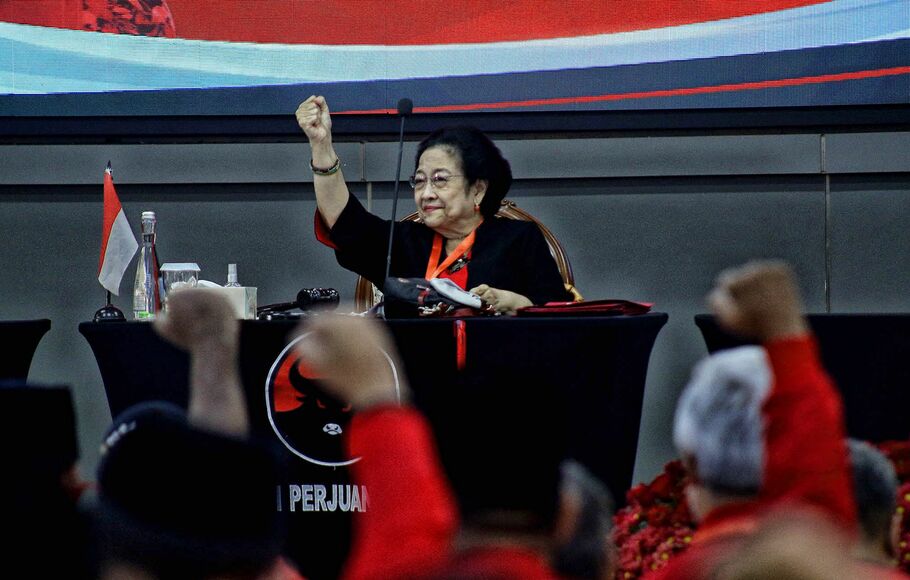 Ketua umum Partai Demokrasi Indonesia Perjuangan (PDIP) Megawati Soekarnoputri, dalam penutupan Rakernas II PDI Perjuangan yang dilaksanakan di Sekolah Partai, Lenteng Agung, Jakarta Selatan, Kamis 23 Juni 2022.