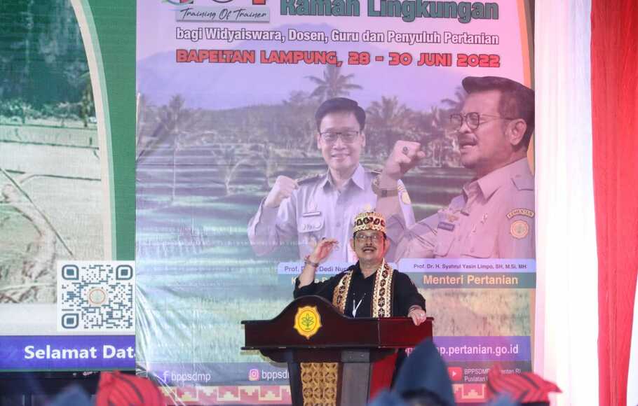 Menteri Pertanian (Mentan) Syahrul Yasin Limpo memberikan arahan pada pembukaan Training of Trainers bertema Pertanian Ramah Lingkungan di Lampung, Selasa 28 Juni 2022.