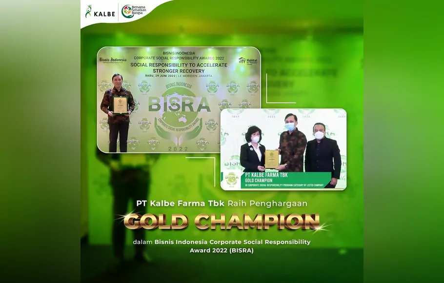 Kalbe Farma berhasil meraih penghargaan Gold Champion in Corporate Social Responsibility (CSR) untuk kategori listed company pada ajang Anugerah Bisnis Indonesia Corporate Social Responsibility Awards (Bisra) 2022.
